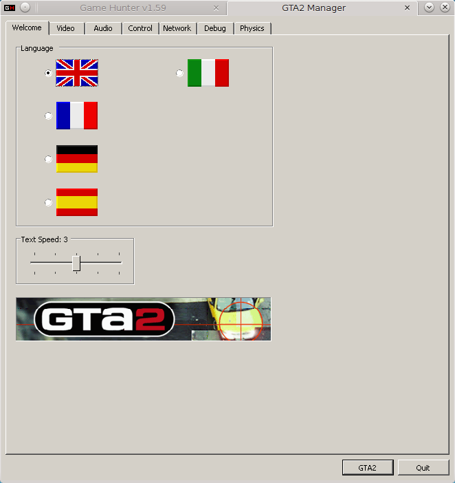 GTA2 Manager, Welcome tab.